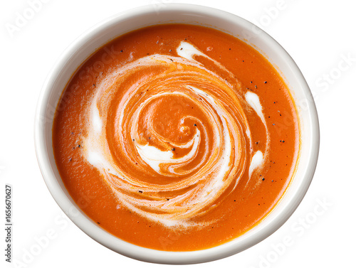 Creamy Tomato Soup in White Bowl with Swirl Garnish, Top-Down View, Isolated on Transparent Background