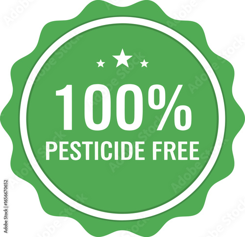 Green circular badge with white border and scalloped edges proclaiming 100 pesticide free with a small star above