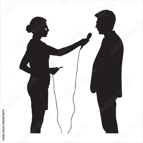 Journalist interviews man with microphone silhouette
