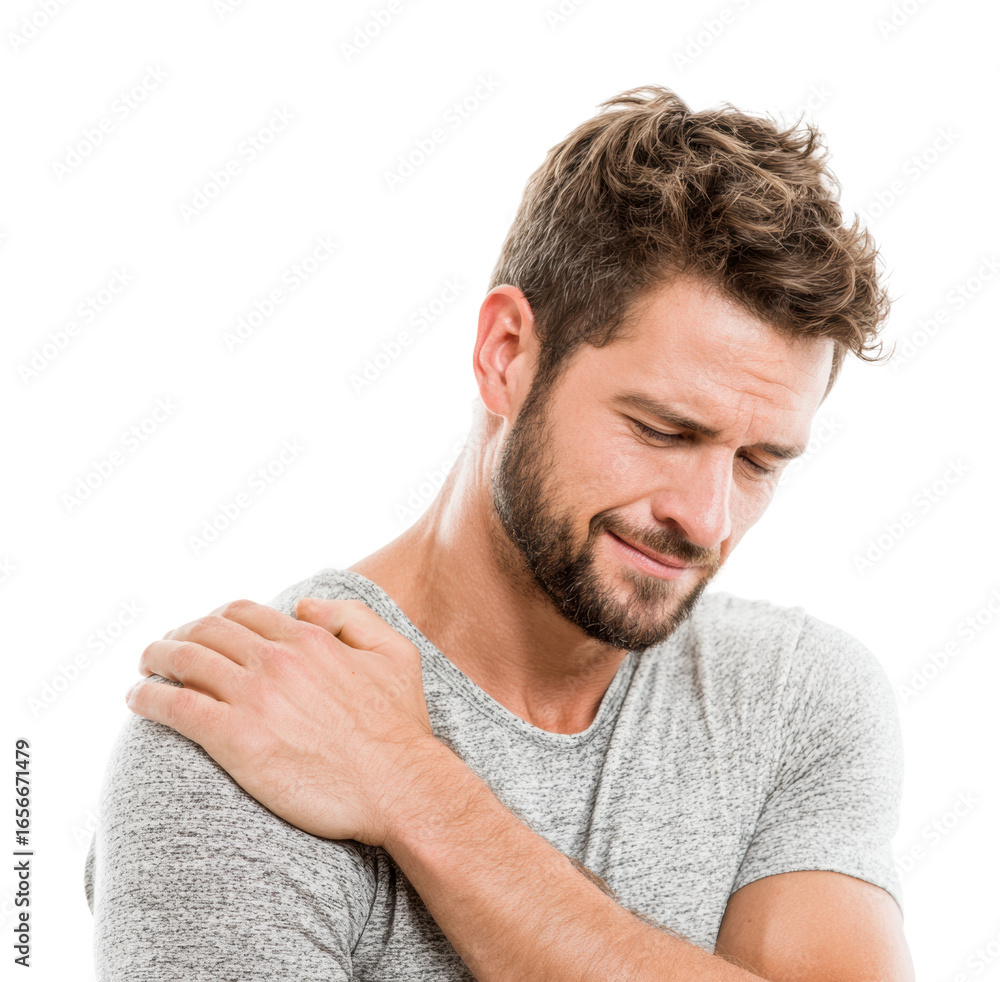 Obraz premium Man grabbing shoulder in pain emotional expression portrait isolated on transparent background