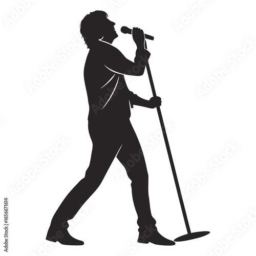Silhouette of a man walking and singing into a microphone on a stand