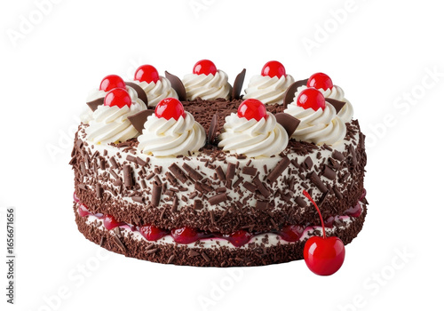 Decadent Black Forest cake with whipped cream, chocolate, and maraschino cherries on transparent, 45-degree angle, studio photo, concept of gourmet indulgence.