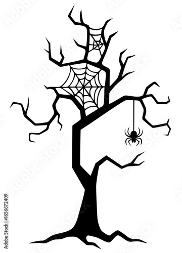 Withered cryptic tree with witchlike twisted branches, haunted cobweb with spectral pattern, hanging spider as nightmare guardian, necrotic frozen Halloween dark monument