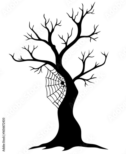 Fotografie Twisted morbid tree with cryptic branches, tomb-like cobweb in trunk crack, witc