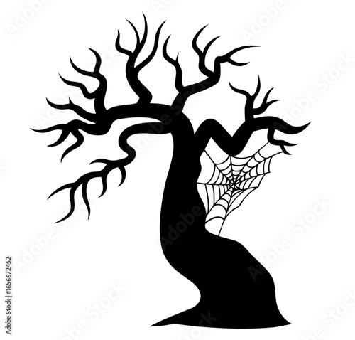 Grotesque twisted haunted tree with witchlike unnatural arc, morbid branches in corpse-like pose, funereal cobweb with necrotic fragile threads, occult sinister Gothic enchanted silhouette