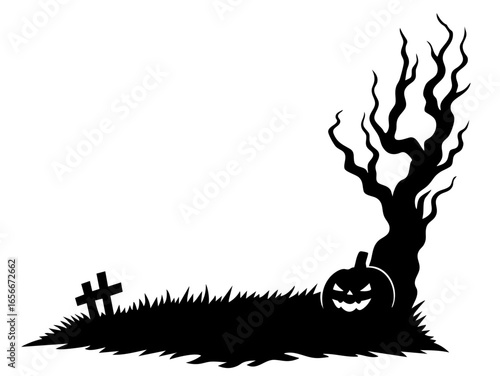 Haunted graveyard scene with crooked wooden cross, cursed twisted tree, glowing jack o lantern pumpkin, spooky abandoned cemetery silhouette filled with dark horror atmosphere, Halloween night fear of
