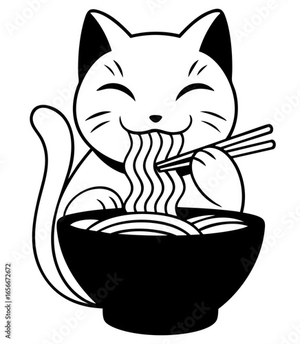 Smiling kawaii maneki neko lucky cat eating noodles with chopsticks, cute Japanese talisman illustration with ramen or udon bowl. mascot