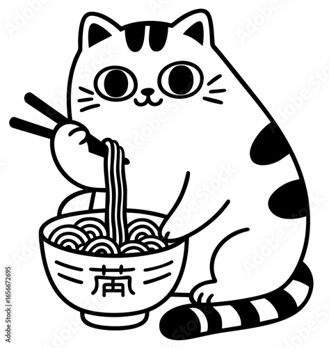 Cute cat eating ramen noodles with chopsticks, Japanese food mascot, Asian culinary culture