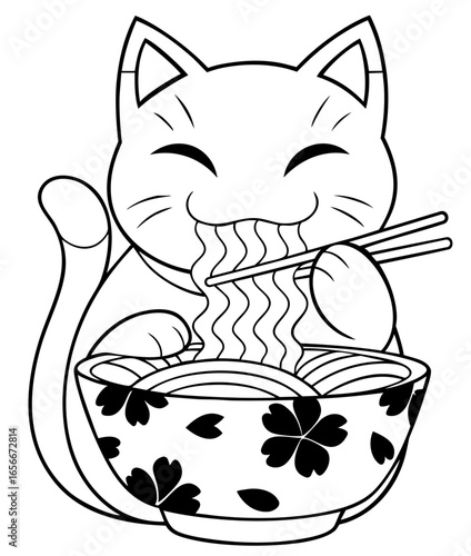 Smiling maneki neko lucky cat eating noodles with chopsticks, Japanese fortune talisman, ramen restaurant mascot and Asian food culture 
