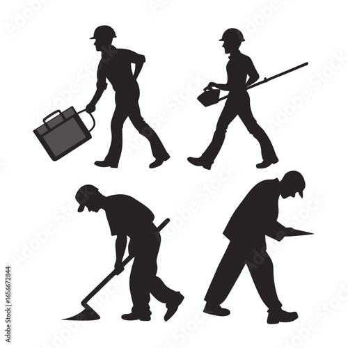 Silhouettes of workers with tools and briefcases