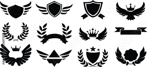 Collection of twelve monochrome heraldic emblems: shields, wings, crowns, laurels, and ribbons;  elegant, classic design; perfect for branding.