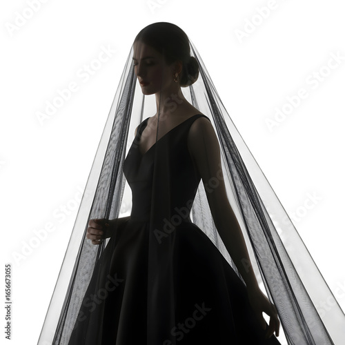 Beautiful woman in black dress and veil isolated on transparent background in studio shot
