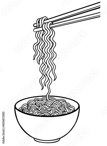 Bowl of noodles with chopsticks lifting ramen, traditional Japanese soup, Asian cuisine with udon, soba or Chinese noodle dishes