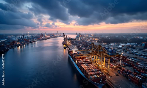
A cargo ship loaded with containers is docked at the port, and cranes are loading goods onto it. The distant view shows an industrial harbor with busy activity against a blue sky. 