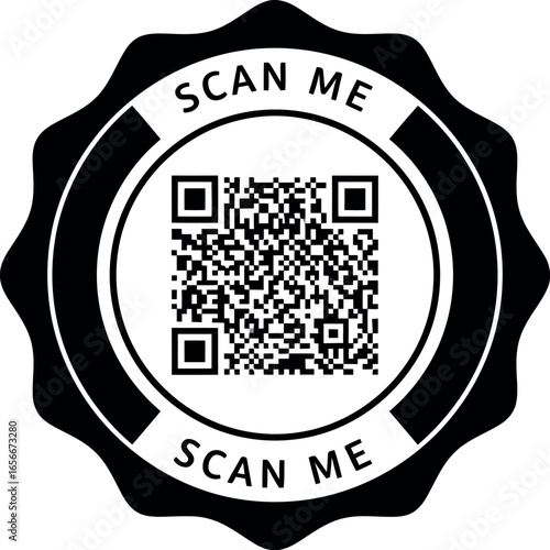 Circular black and white seal with scan me text and a central qr code for easy digital interaction and information access