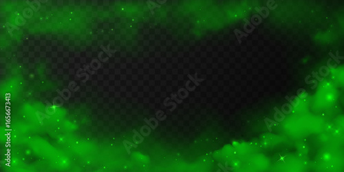 Green smoke clouds with sparkles isolated on transparent background. Realistic toxic fog, evil magic mist, mystical potion haze. Vector illustration, decoration for banner, backdrop, Halloween design.