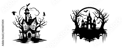 Haunted gothic mansion and cursed castle in dark forest with dead trees, crows, eerie shadows, spooky abandoned house, nightmare landscape under the moon, horror Halloween of sinister haunted places