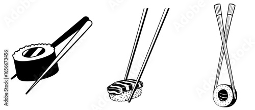 Japanese sushi set with maki rolls and nigiri in chopsticks, traditional Asian food of salmon, tuna, rice, and nori, gourmet cuisine