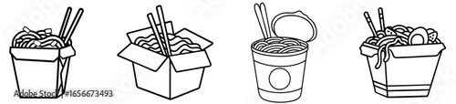 Asian noodles set with Chinese takeout boxes, wok noodles with chopsticks, instant cup noodles, and fast food of traditional Asian cuisine