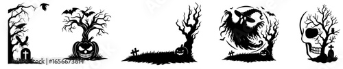 Haunted Halloween set with twisted dead trees, skull with empty eye socket, ghost in witch hat, grave with cross, pumpkin with sinister grin, crows and bats as guardians of eternal darkness