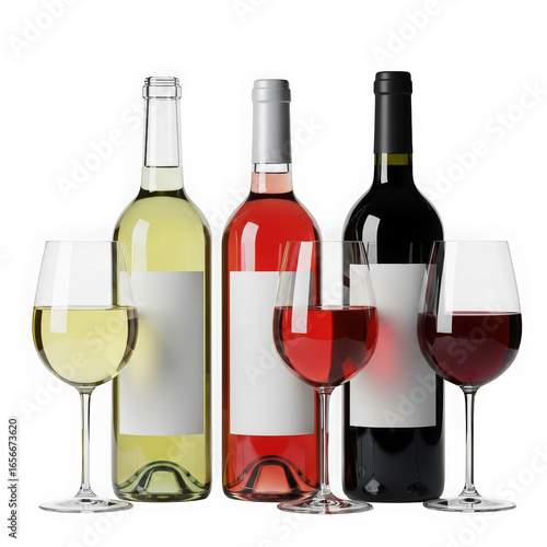 Three bottles of red, white, and rose wine with glasses filled with wine, isolated on transparent background