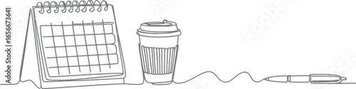 Minimalist Line Art Calendar, Coffee Cup, and Pen on Transparent Background
