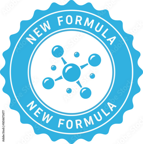 Circular blue badge or stamp with a stylized molecular structure in the center and the words new formula on a white background