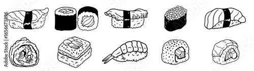 Japanese sushi and rolls set with nigiri, maki, uramaki, futomaki, California roll, Philadelphia roll, tamago, salmon, tuna, shrimp, avocado, and caviar, traditional Asian food collection