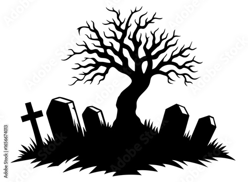 Haunted graveyard with cursed withered tree and crooked tombstones, branches reaching to the sky like ghostly fingers, cross silhouette among forgotten graves, dark shadows whispering secrets of restl