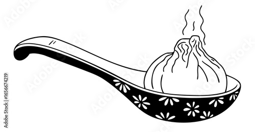 Chinese xiao long bao soup dumpling in spoon, traditional steamed dim sum with pork, chicken or seafood filling, famous Shanghai cuisine