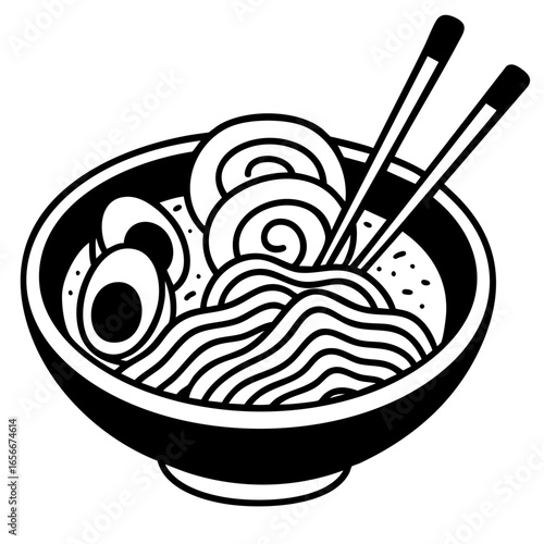 Japanese ramen noodles in bowl with egg and narutomaki, traditional Asian soup with rich broth, wheat noodles, fish cake, and chopsticks