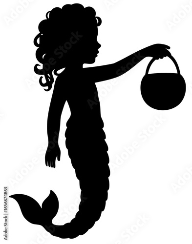 Silhouette of a little girl in mermaid costume with flowing tail and curly hair, holding out a round basket for treats on Halloween night October 31