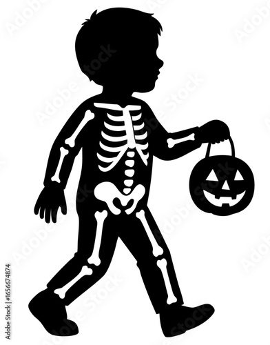Shadow of a little child wearing skeleton outfit, carrying glowing pumpkin lantern while wandering through the haunted streets on October 31, mysterious figure