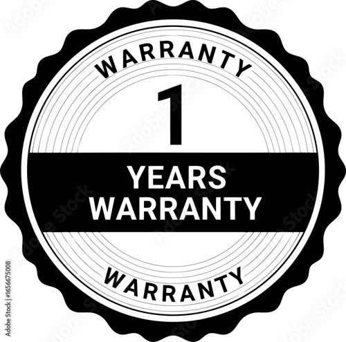 Circular emblem featuring the text 1 years warranty in bold black lettering against a white background with a black border