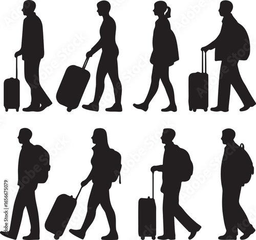 Silhouettes of people with luggage, traveling by air or by road