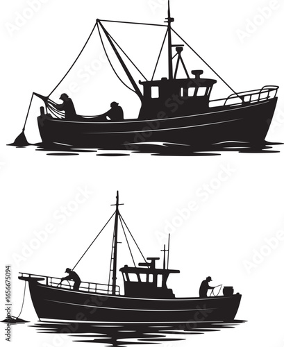 Silhouette of Fishing Boats with Fishermen at Work on the Water