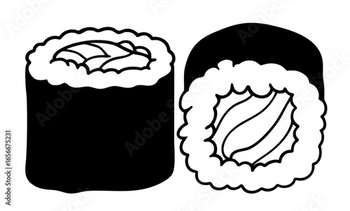 roll. Japanese maki sushi rolls with rice, nori and salmon filling, traditional hosomaki of classic Japanese cuisine