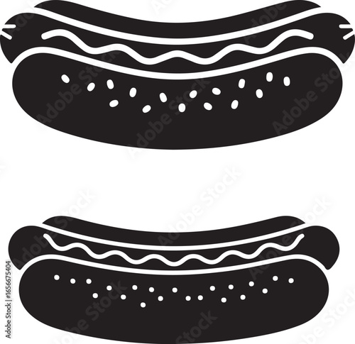 Two black silhouette hot dogs with wavy lines and dots on a white background