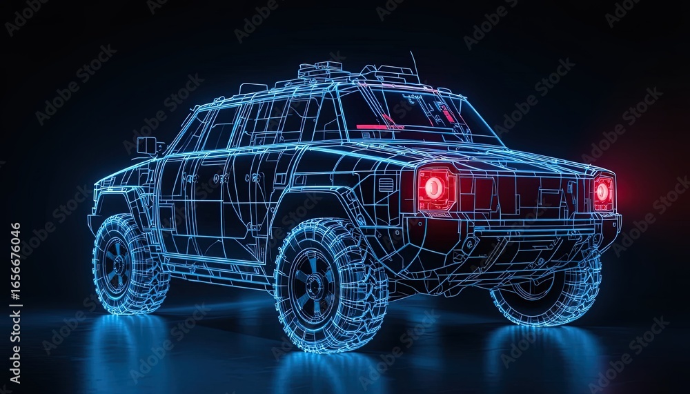 Naklejka premium A glowing, futuristic off-road vehicle is depicted in a wireframe style, showcasing its intricate design against a dark background.