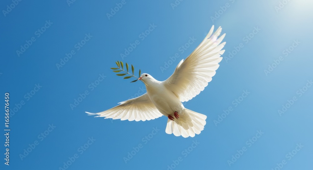 Obraz premium White Dove with Olive Branch in Sky – International Day of Peace and Freedom Concept 
