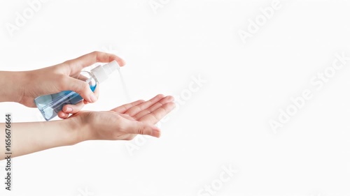 Person applying alcohol or anti bacteria spray to prevent spread of germs and virus. Personal hygiene and sanitizer gel concept. Mockup style. Copy space in right side. White background