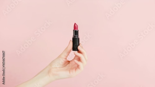 Female hand holding and turning open red lipstick on pink background. Demonstration, review and advertisement of professional cosmetic product for makeup. Professional make-up artist tool