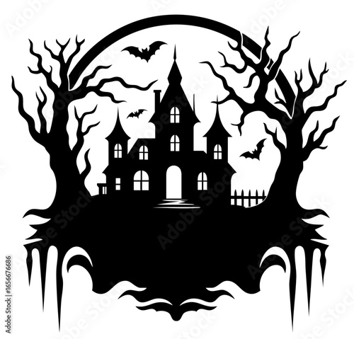 Dark haunted castle with sharp towers like fangs, eerie windows like hollow eyes, twisted dead trees and flying bats, spooky gothic silhouette for Halloween