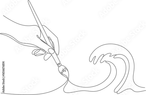 Minimalist Line Drawing of Hand Painting Waves With Brush on White Background