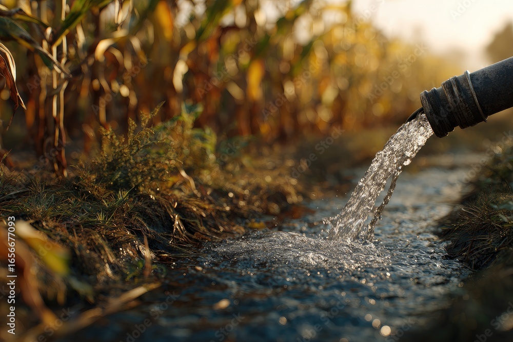 Obraz premium Water flowing from pipe into a field