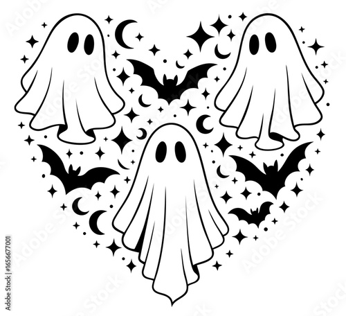 Enchanted heart of otherworldly darkness swirling with ethereal ghosts, luminous stars, crescent moons, and ominous flying bats of nocturnal necromancy