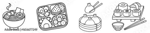 steaming ramen bowl, Japanese bento box, Chinese dim sum dumplings, and traditional sushi set with chopsticks. Collection of Asian food