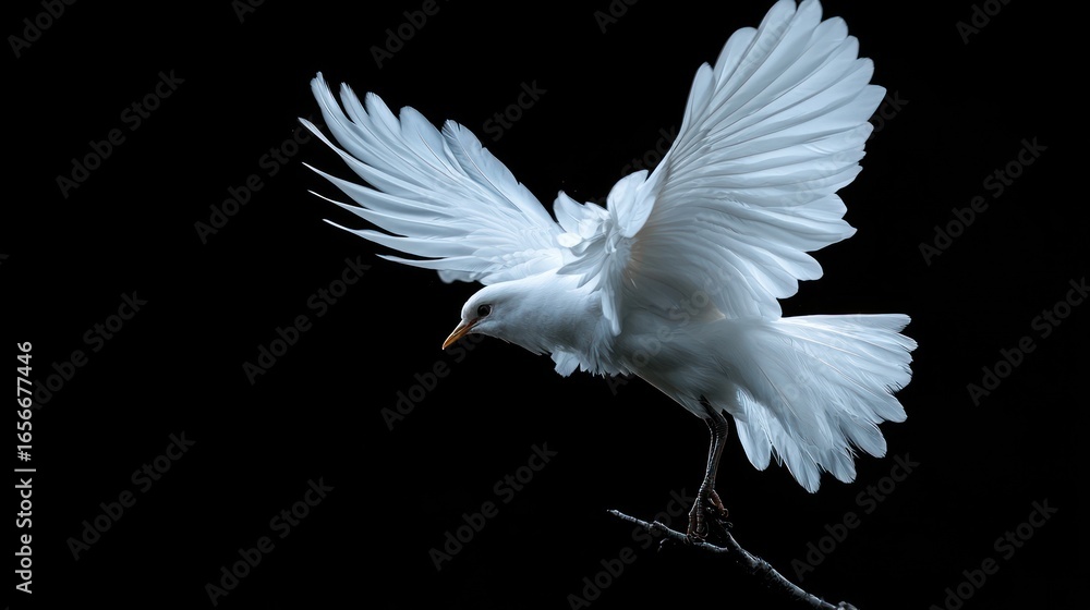 Obraz premium White bird in flight against black background