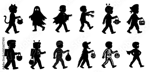 Silhouettes of boys in Halloween costumes: devil with tail, ghost in white sheet, vampire with cloak, zombie staggering, alien with antennas, wizard with hat, Frankenstein monster, mummy in bandages, 