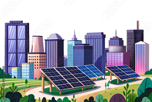 Eco-friendly city banner featuring skyscrapers, green spaces, and solar panels. A sustainable urban landscape showcasing renewable energy, clean electricity, and modern environmental power solutions.